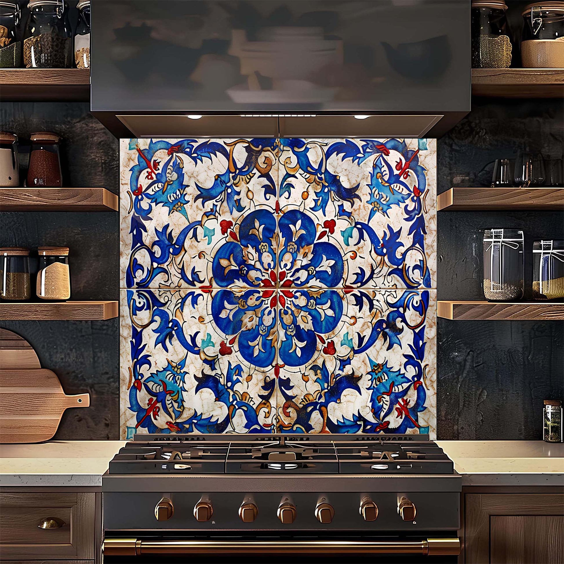 Decorative backsplash with intricate blue and white pattern above a stove in a kitchen.