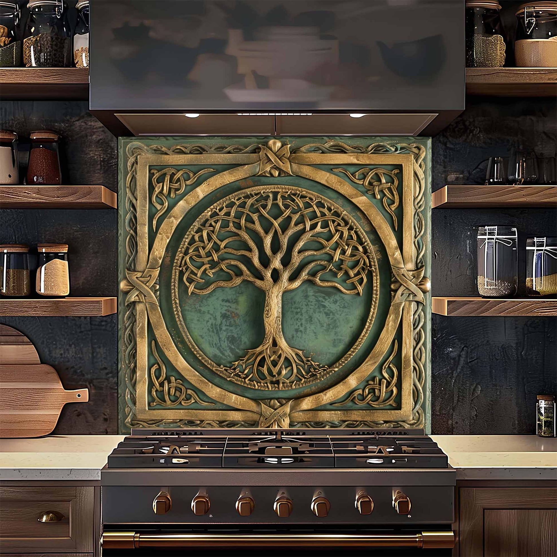 Decorative backsplash with a tree design above a stove in a kitchen setting.