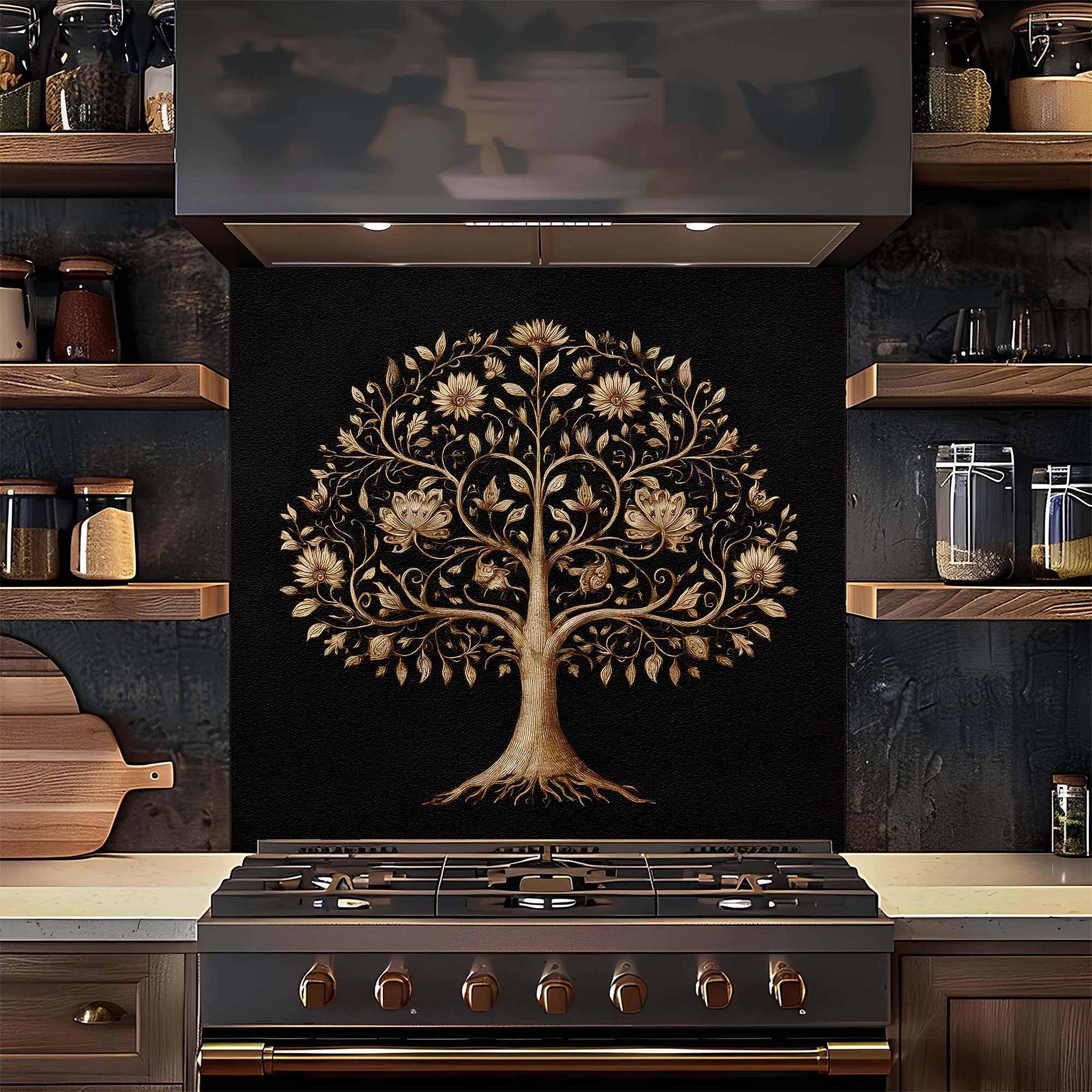 Decorative backsplash with tree design above a stove in a kitchen.