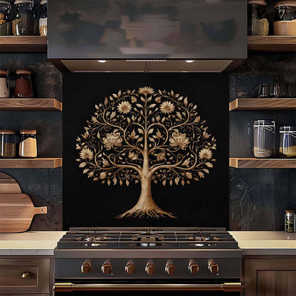 Decorative backsplash with tree design above a stove in a kitchen.