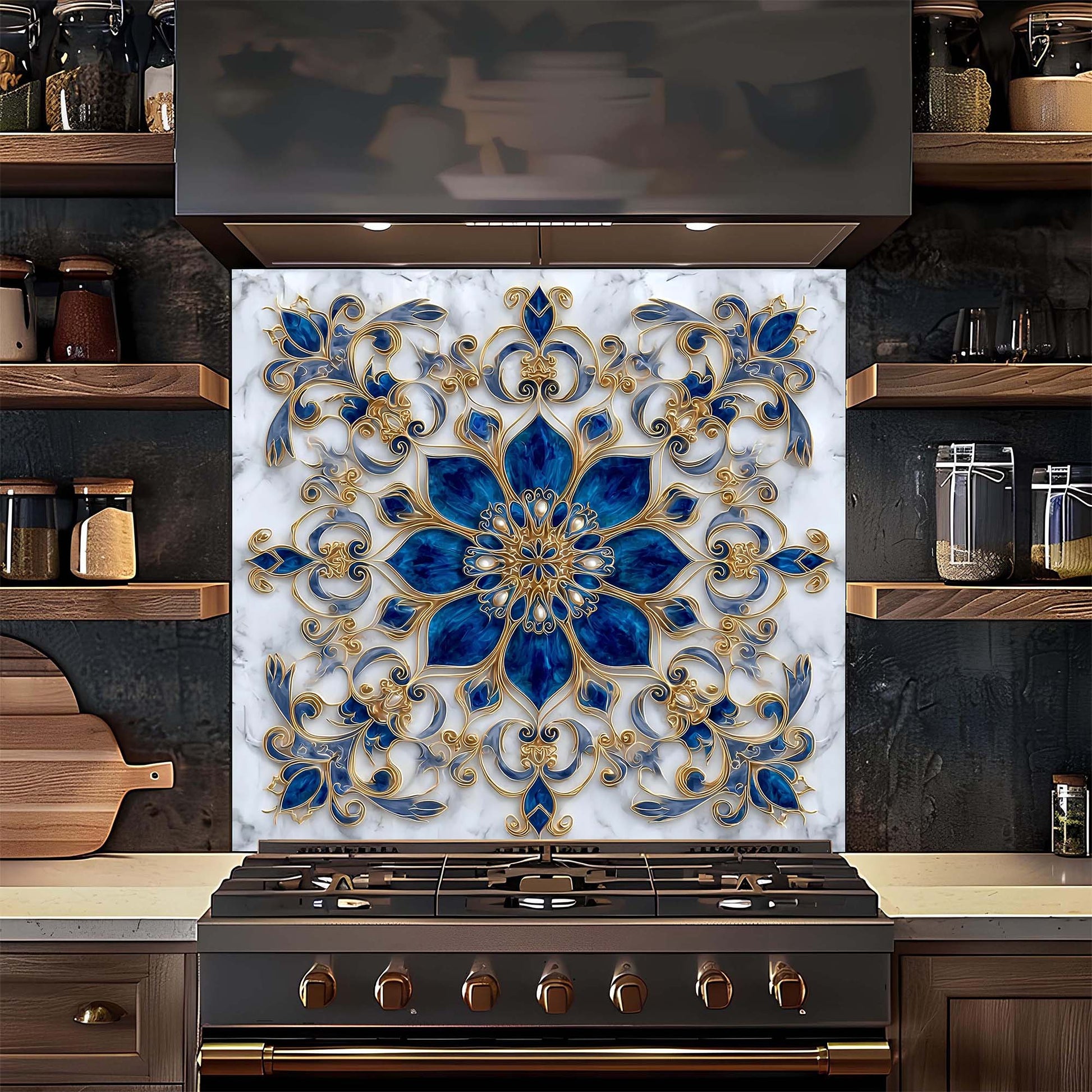 Decorative backsplash with blue and gold floral pattern above a stove in a kitchen.
