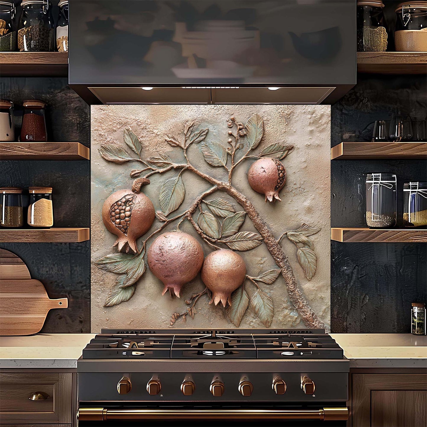 Decorative backsplash with pomegranate design above a stove in a kitchen.