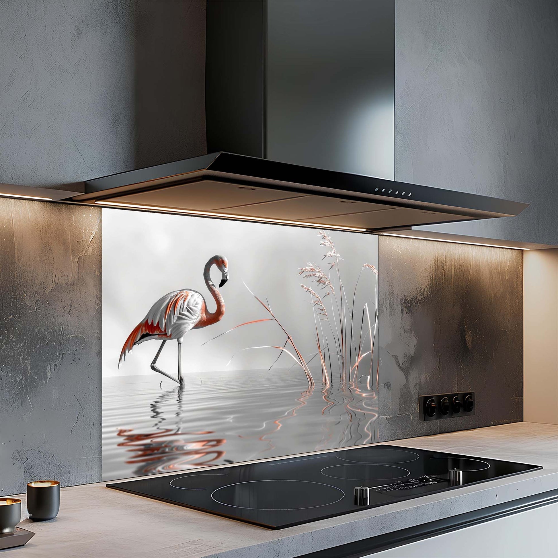 Modern kitchen with a glass splashback featuring a flamingo design.