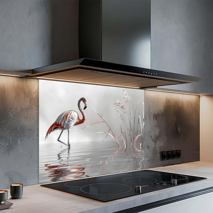 Modern kitchen with a glass splashback featuring a flamingo design.