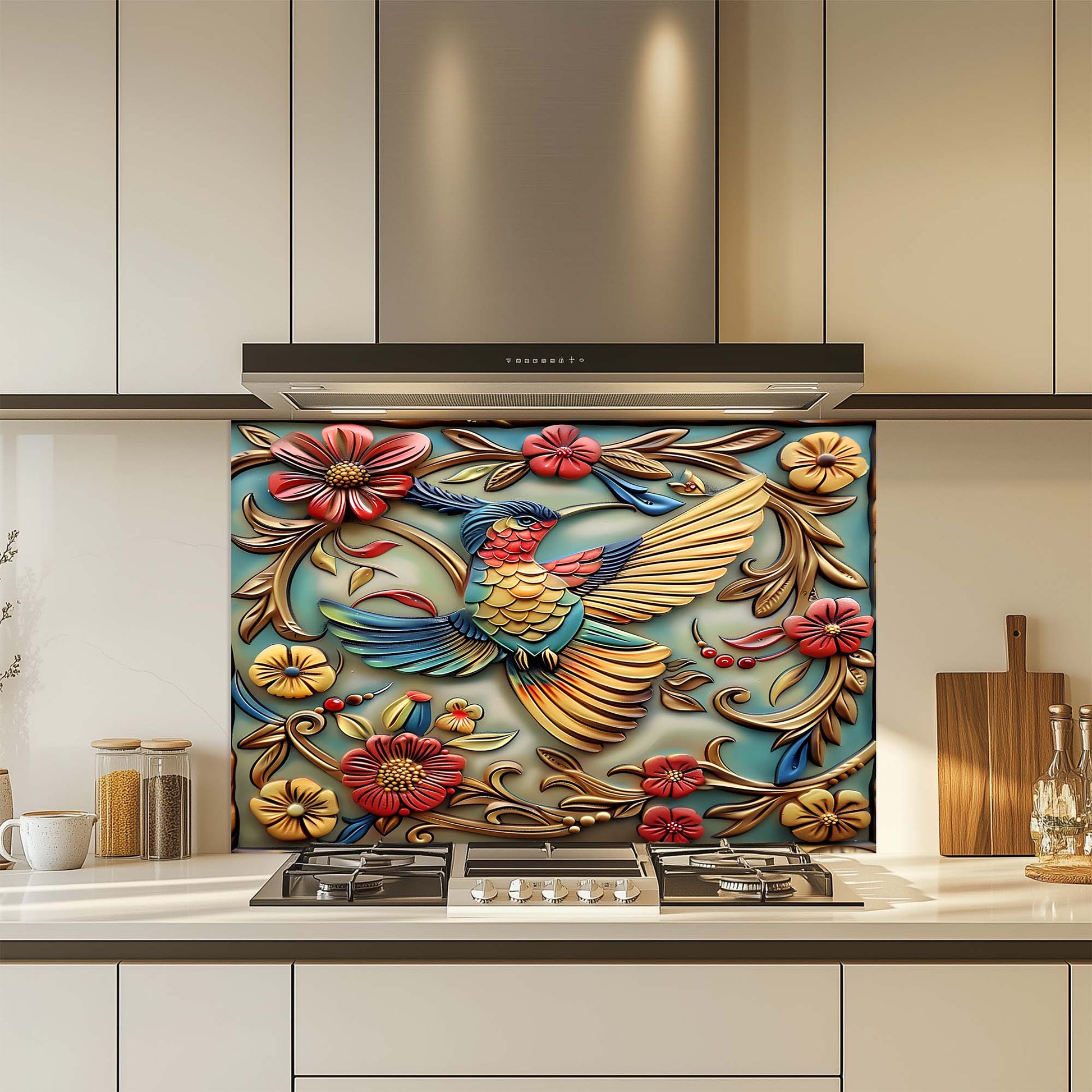 Decorative kitchen backsplash with a colorful bird and floral design above a stove.
