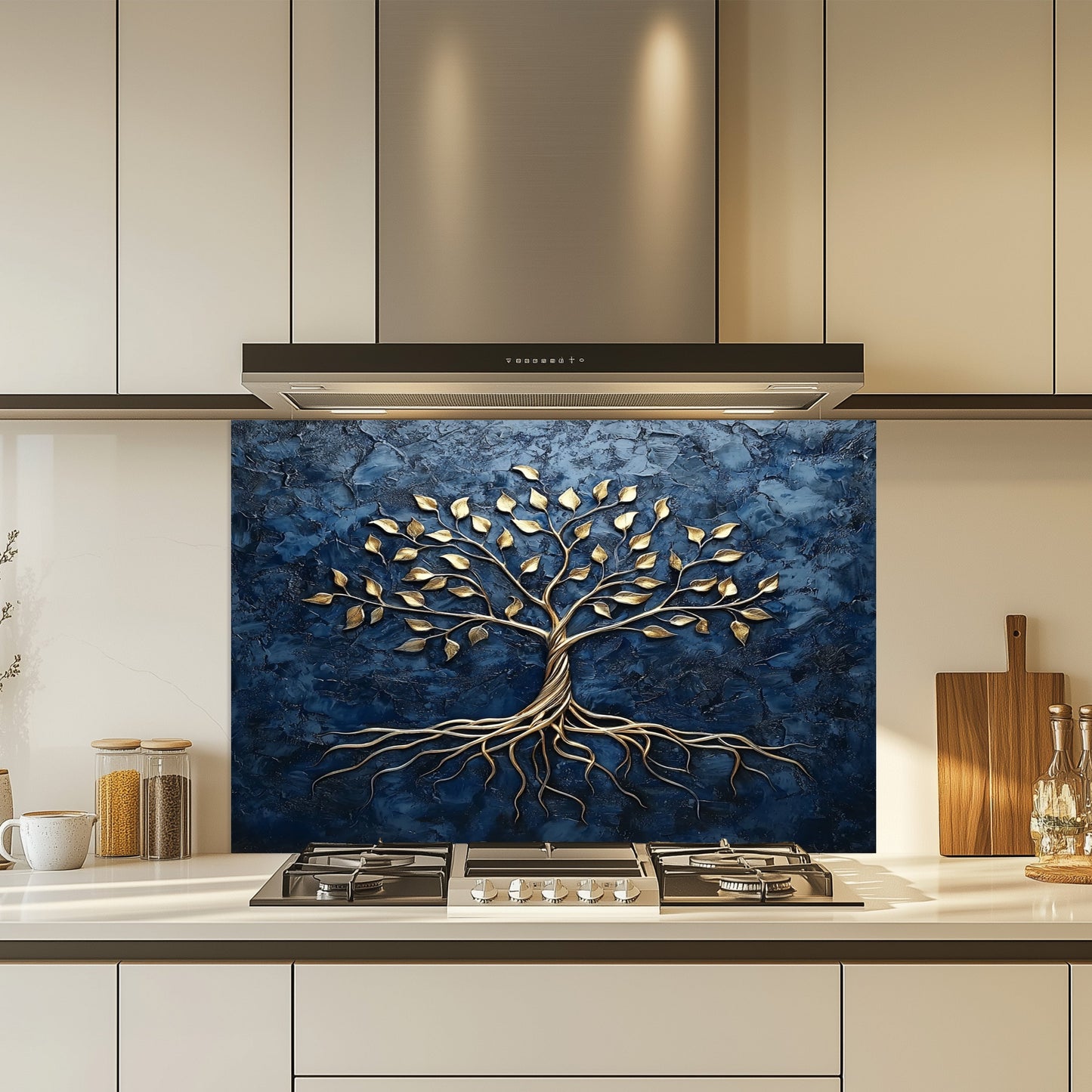 Kitchen with a decorative glass splashback featuring a tree design.