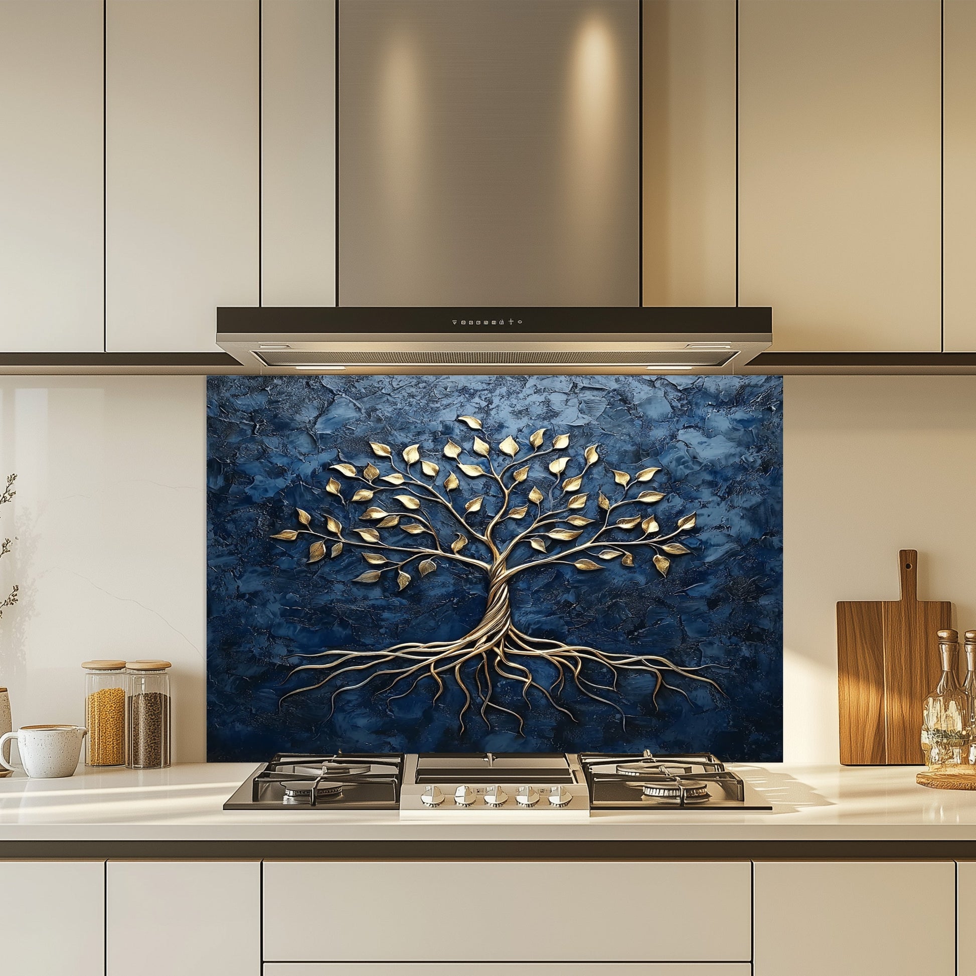 Kitchen with a decorative glass splashback featuring a tree design.