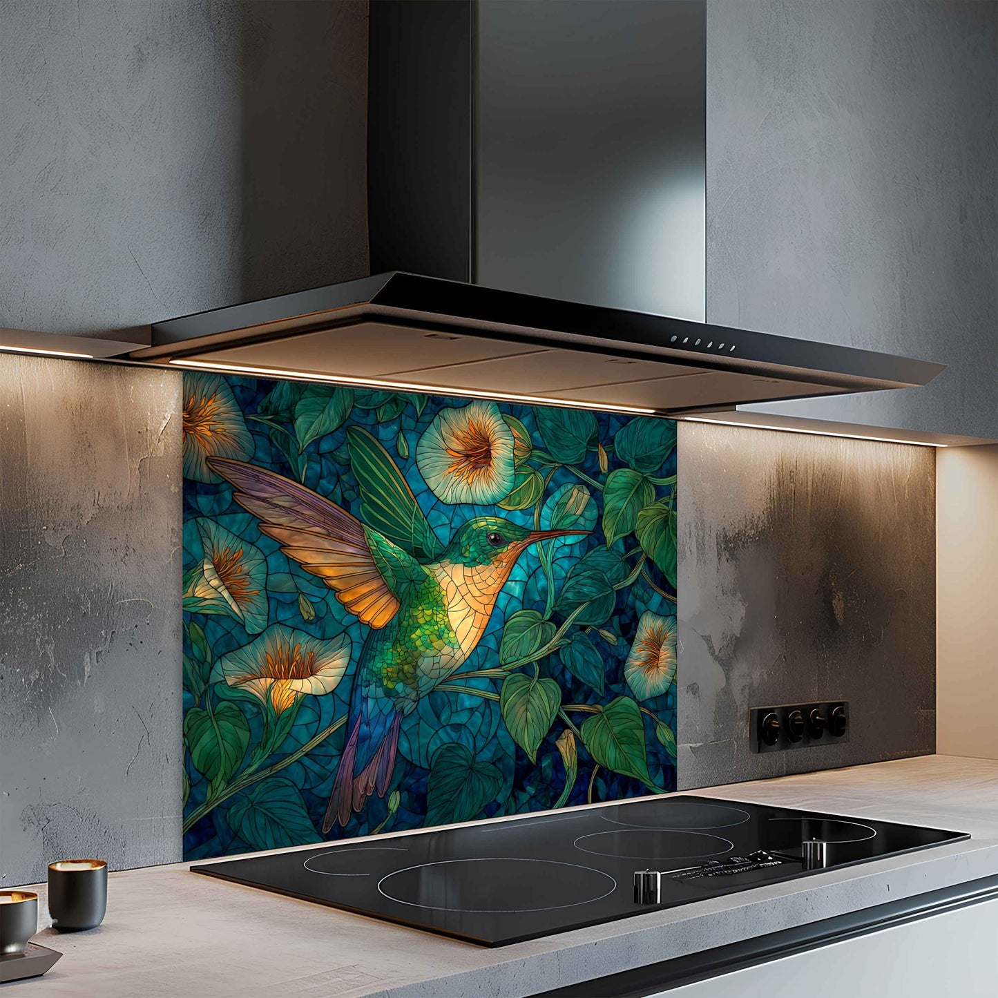 Modern kitchen with a decorative glass splashback featuring a hummingbird and flowers.