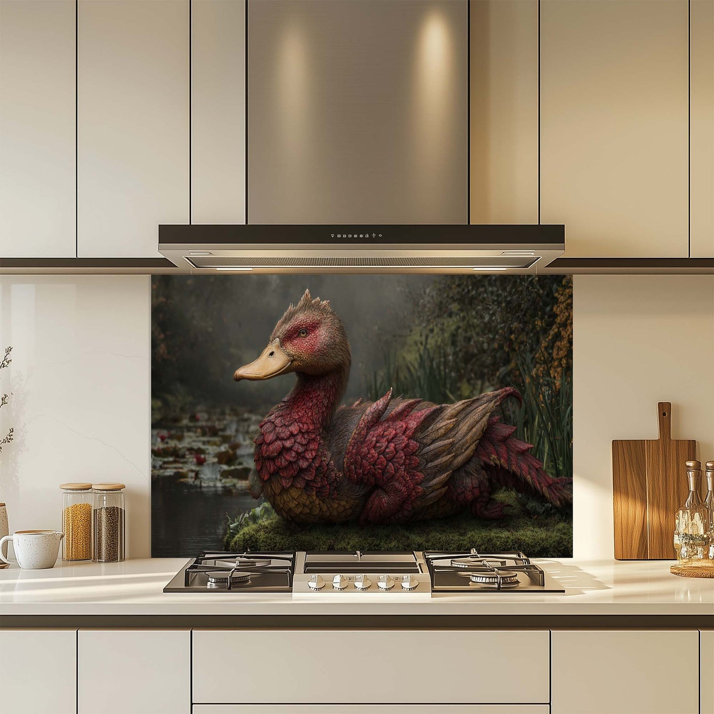Kitchen with a decorative glass splashback featuring a dragon design.