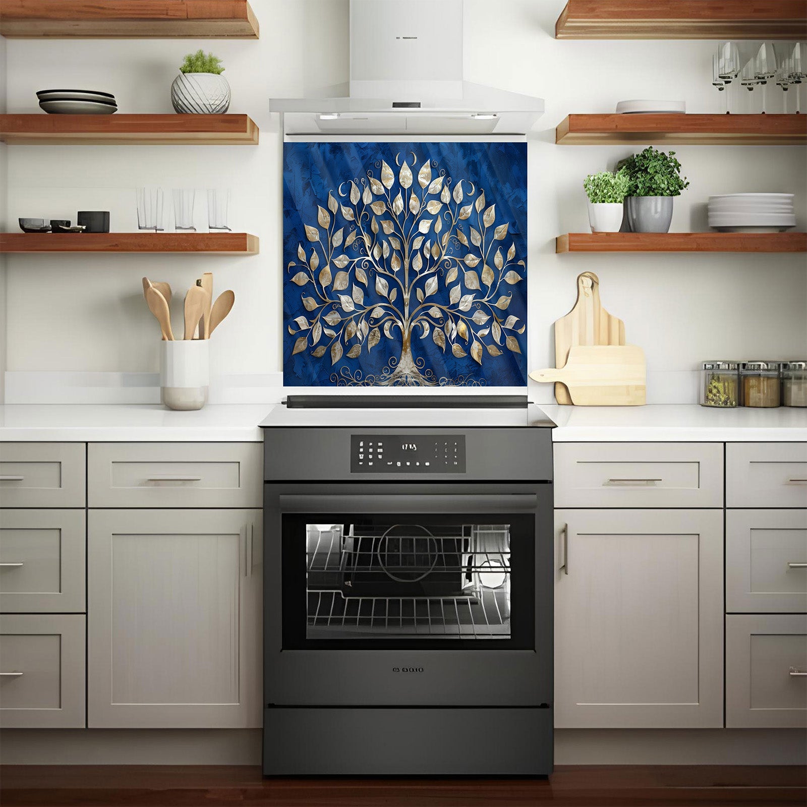 Kitchen with a modern oven and decorative backsplash