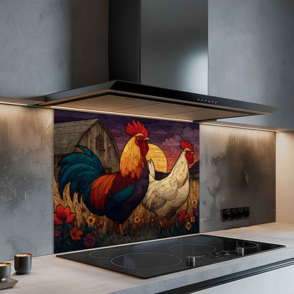 Modern kitchen with a decorative glass splashback featuring roosters.