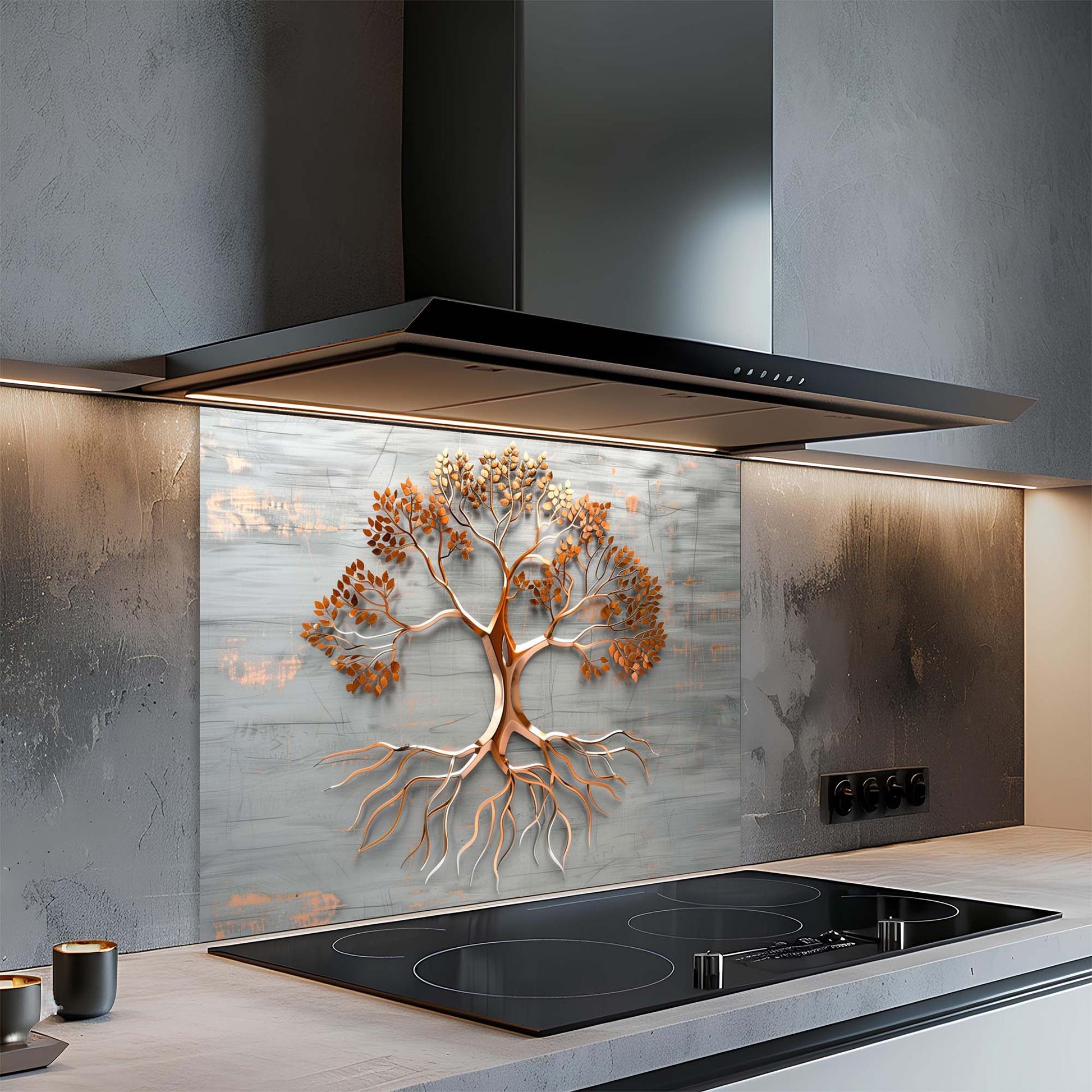 Modern kitchen with a decorative glass splashback featuring a tree design.