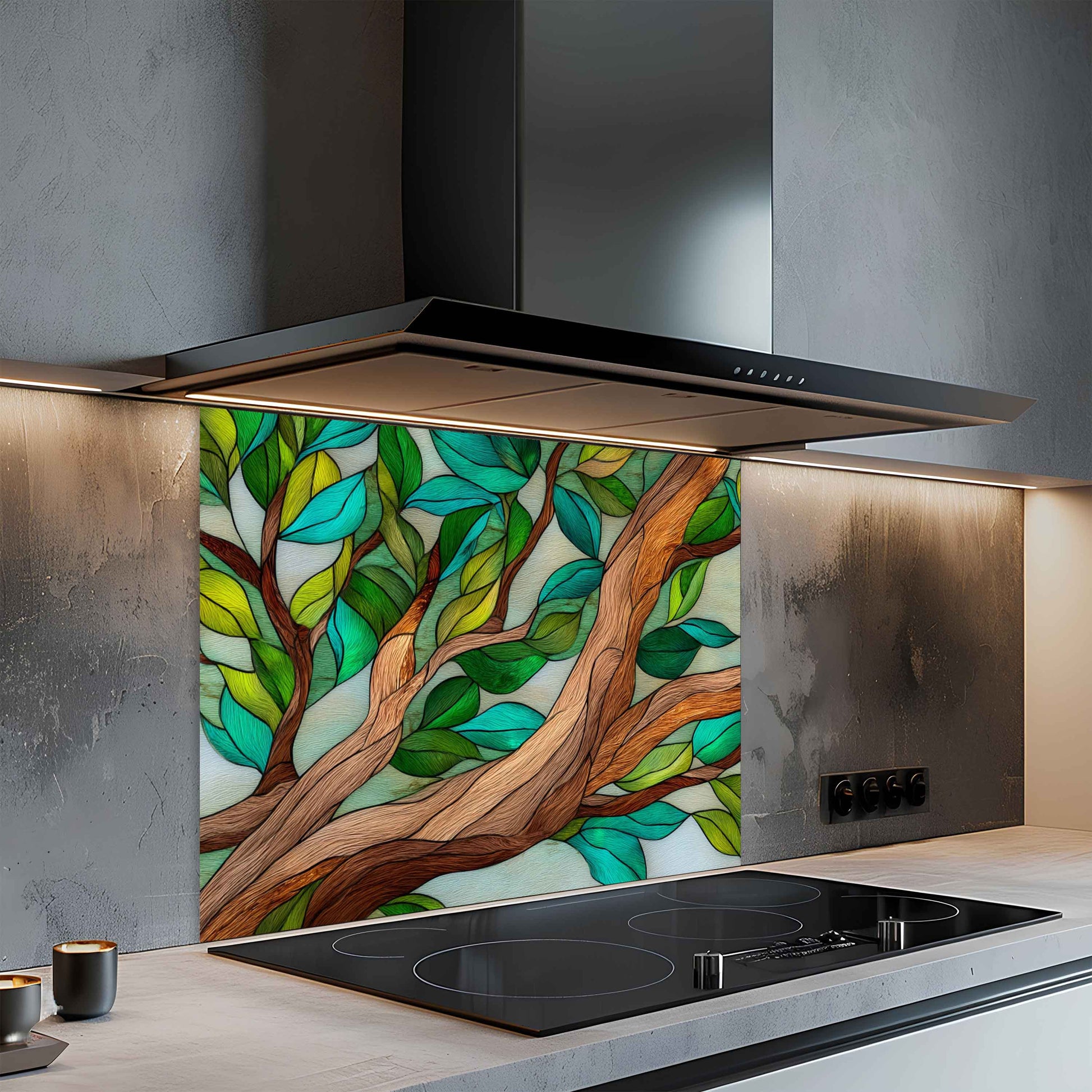 Modern kitchen with a decorative glass splashback featuring tree design.