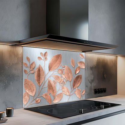 Rose Gold Leaves – Tempered Glass Backsplash for Kitchen – Botanical Kitchen Splashback