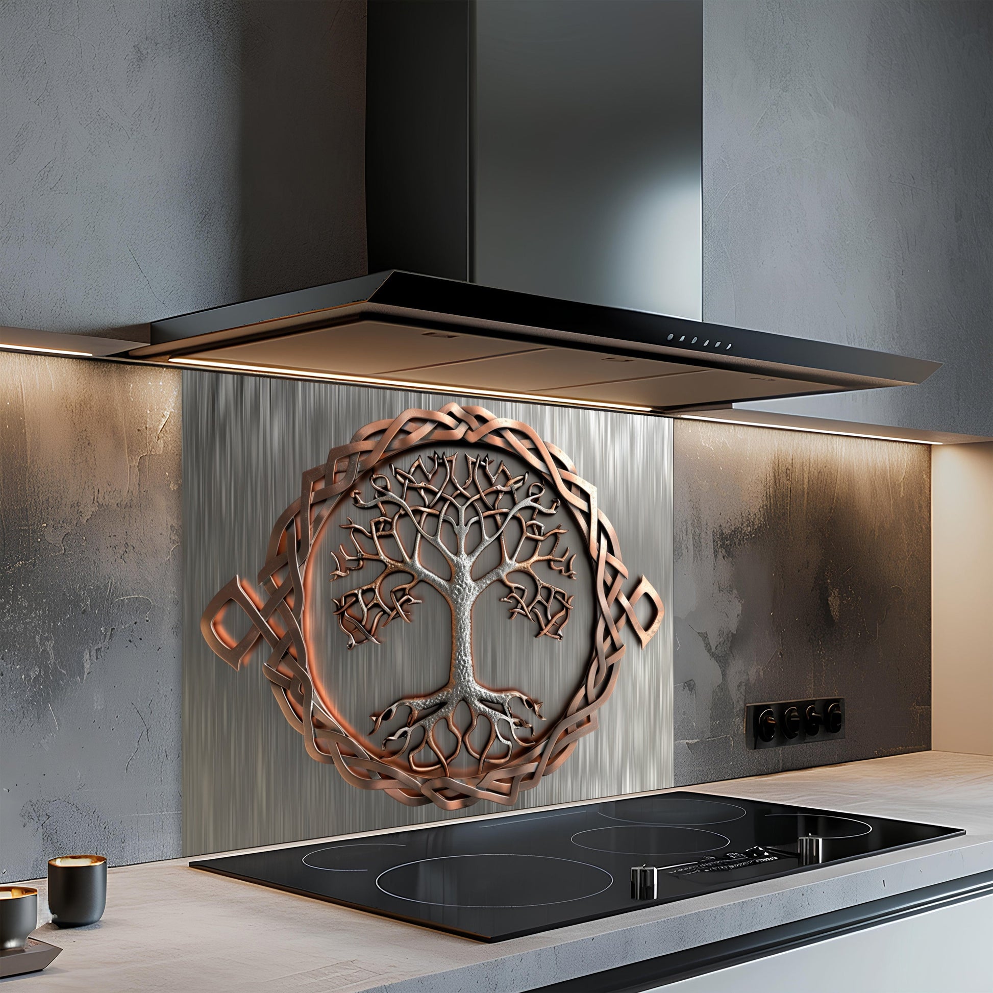 Modern kitchen with a decorative splashback piece above a stove.