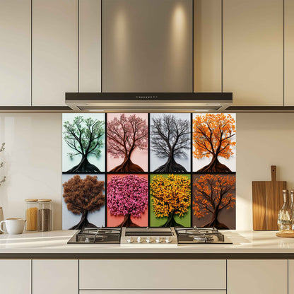 Kitchen with a decorative backsplash featuring six tree illustrations in different seasons.