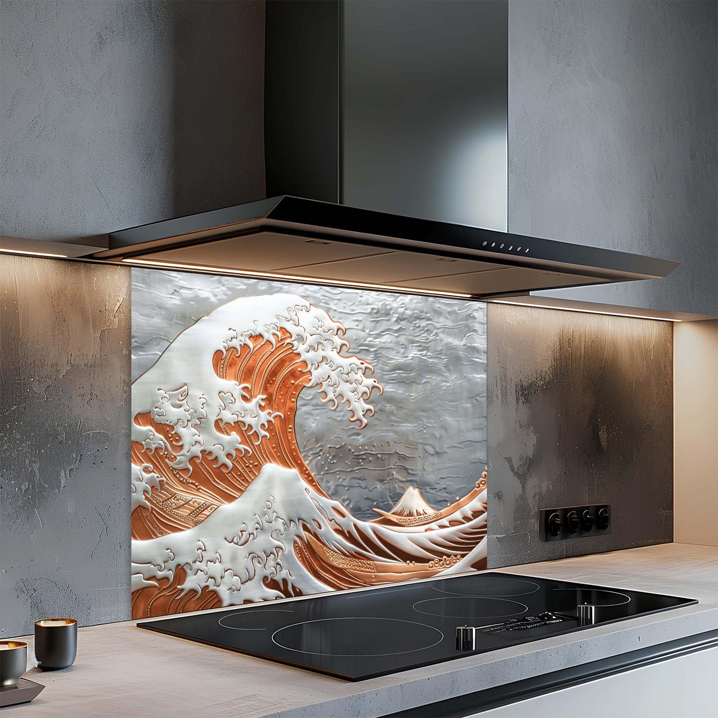 Modern kitchen with a decorative glass splashback featuring a wave design.