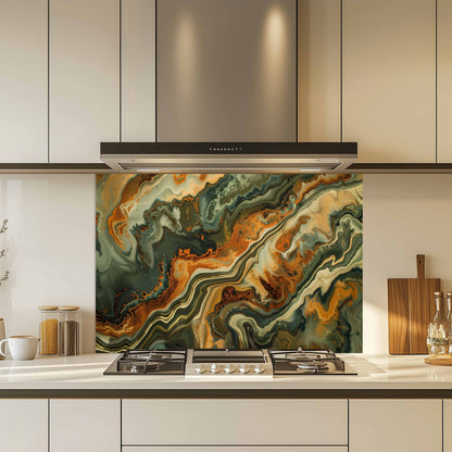 Kitchen with a colorful marble-patterned backsplash above a stove.