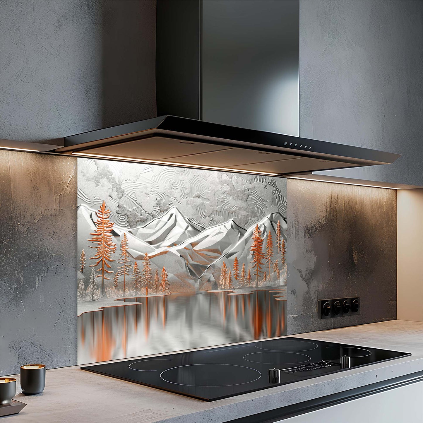 Silver Pines – Tempered Glass Backsplash for Kitchen – Mountain Forest Kitchen Splashback