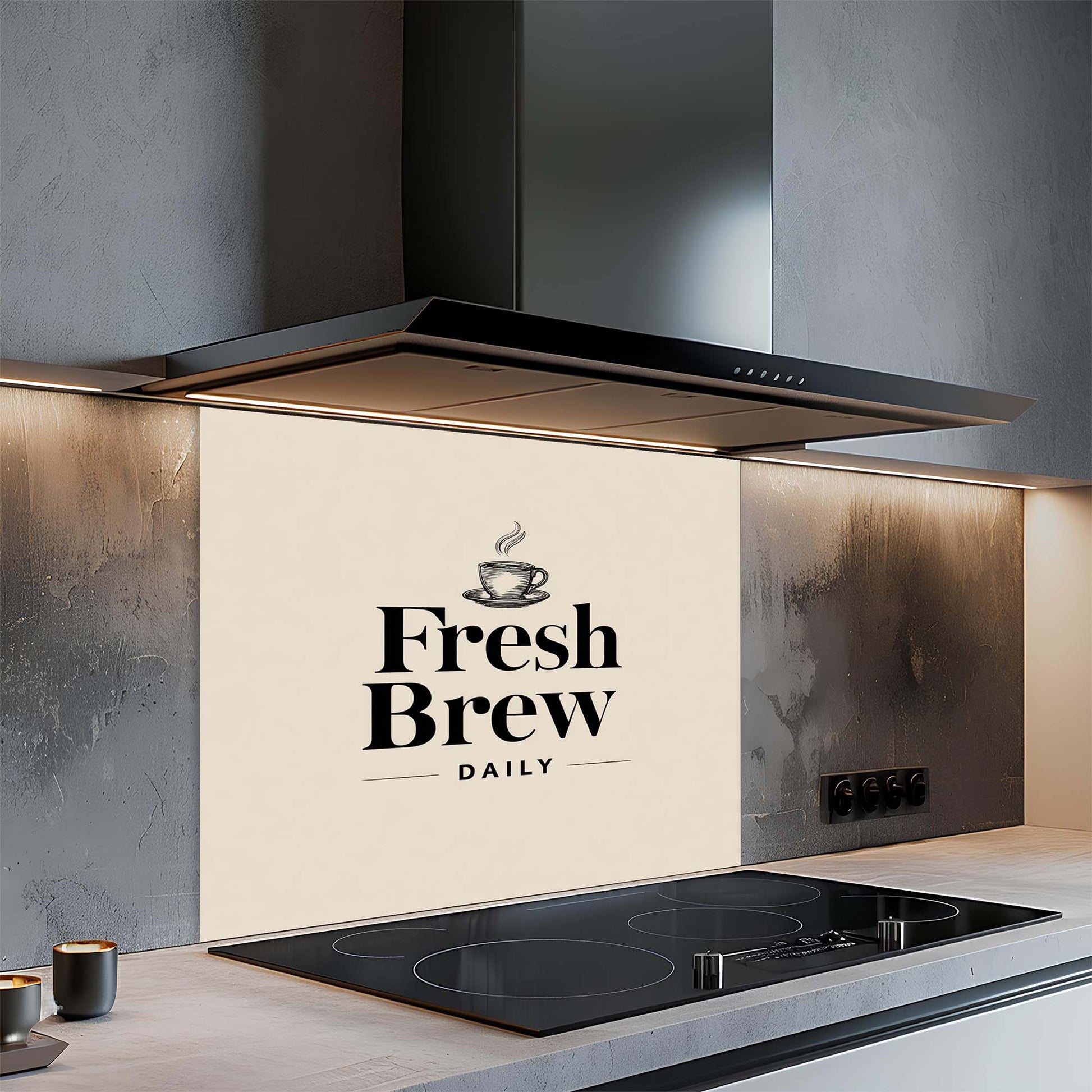 Modern kitchen with a stove and glass splashback featuring 'Fresh Brew Daily' text.