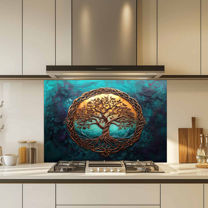 Kitchen with a decorative glass splashback featuring a tree design.
