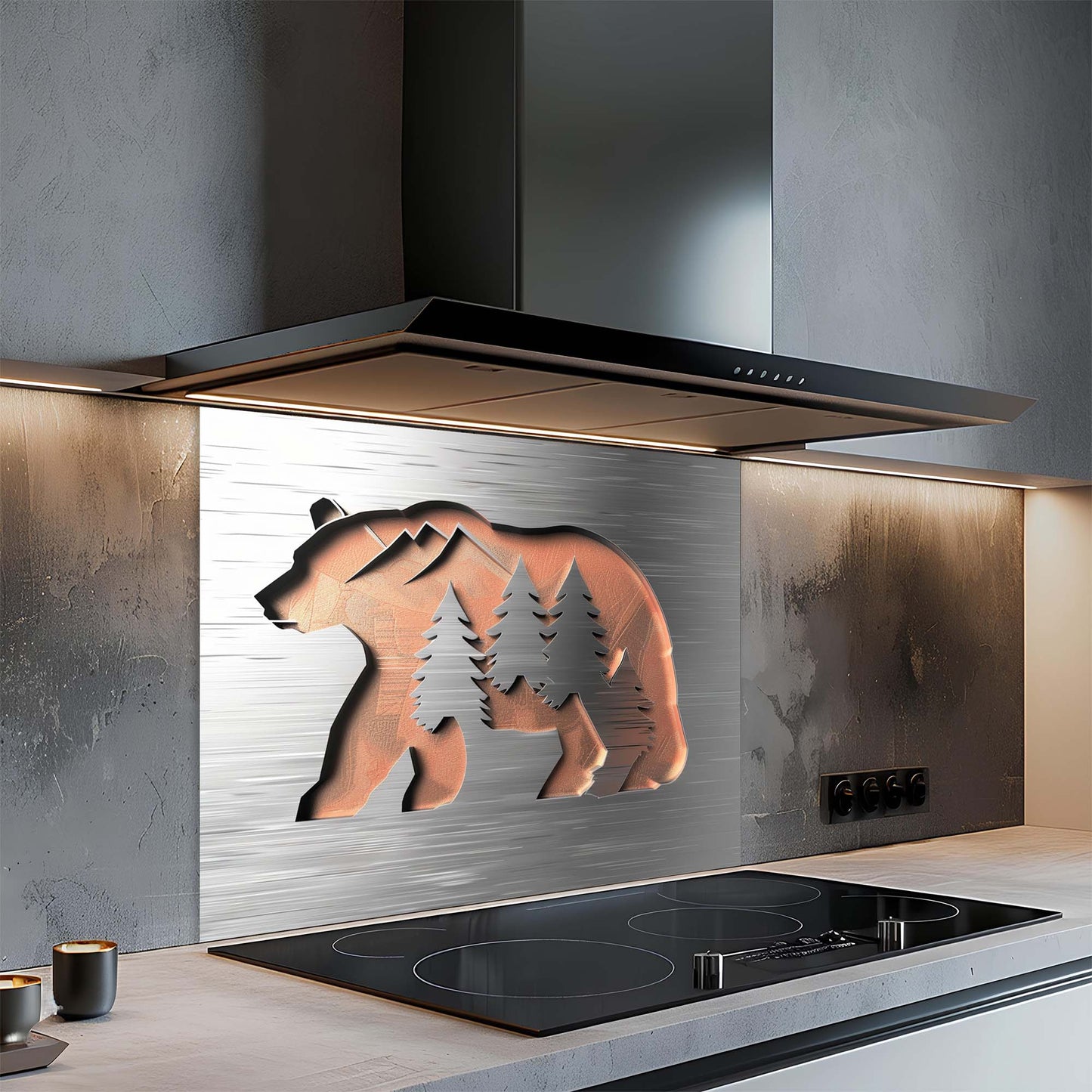 Modern kitchen with a decorative glass backsplash featuring a bear and trees design.