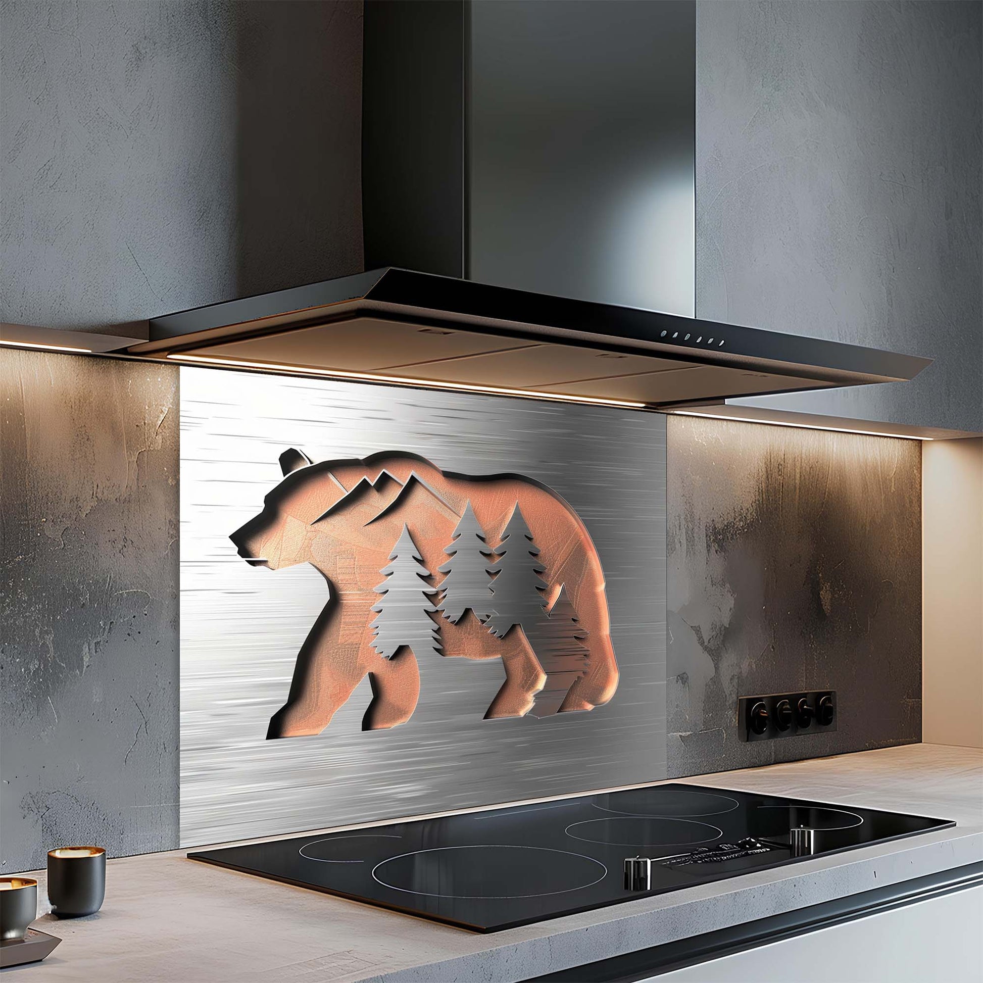 Modern kitchen with a decorative glass backsplash featuring a bear and trees design.