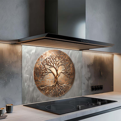 Modern kitchen with a decorative backsplash featuring a tree design.