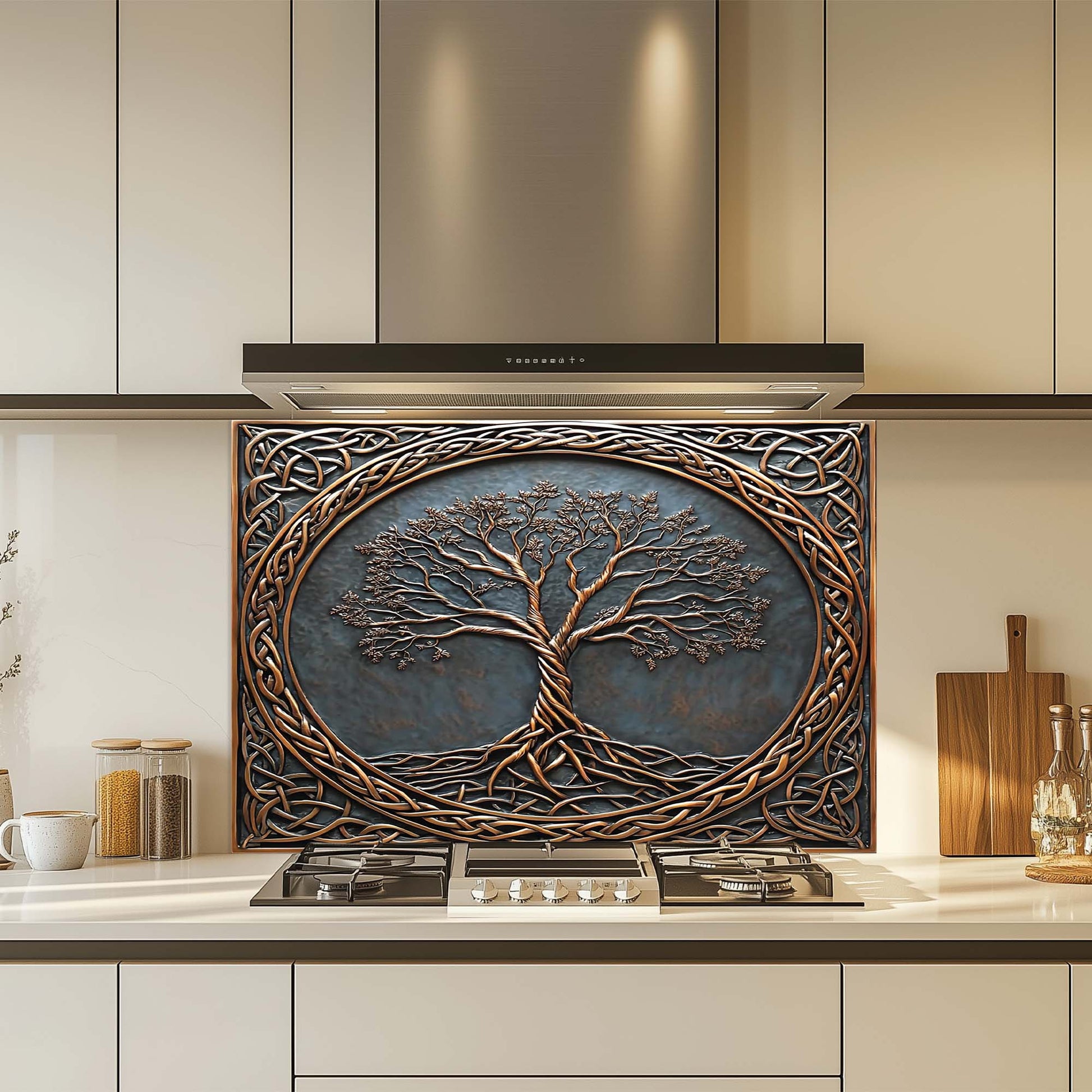 Decorative glass backsplash with tree design above a kitchen stove