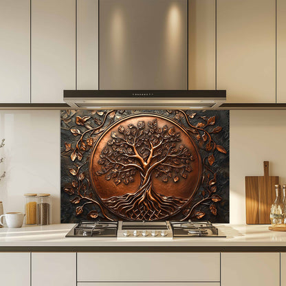 Decorative backsplash with tree design above a kitchen stove