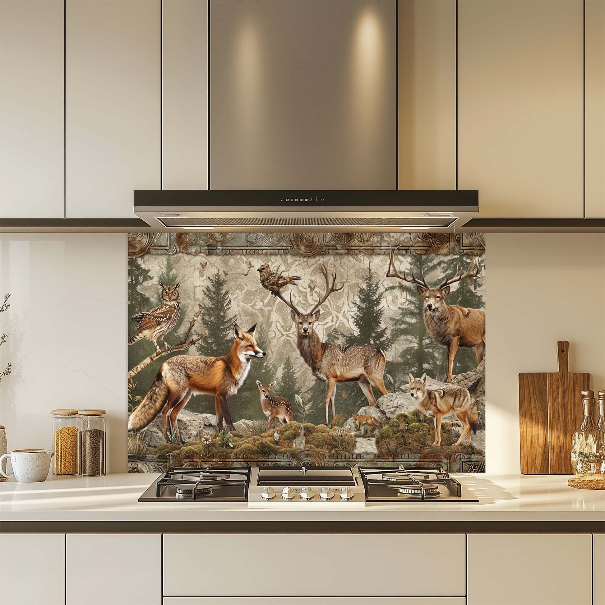 Kitchen with a forest-themed glass backsplash featuring animals like deer and foxes.