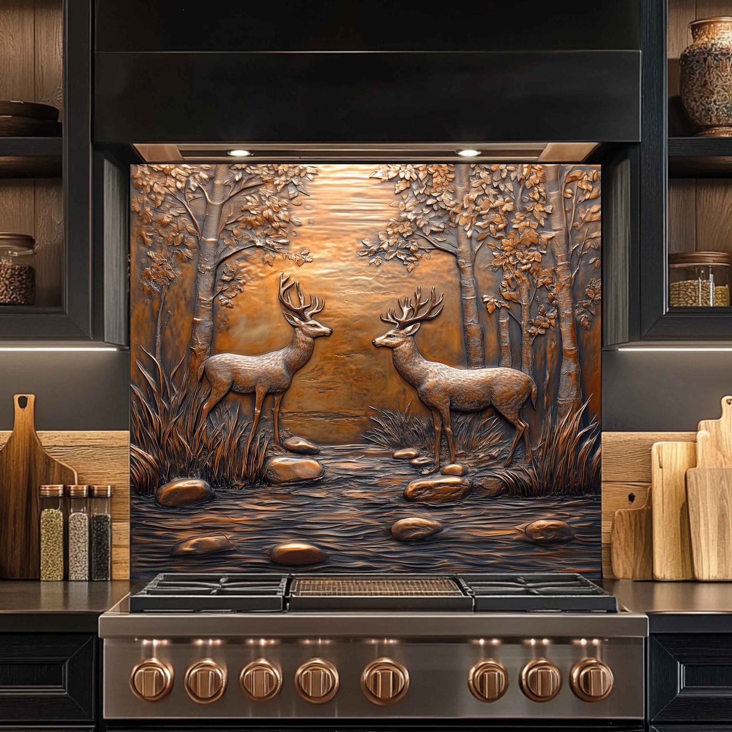 Stainless steel stove with decorative deer scene on the back splash in a kitchen setting.