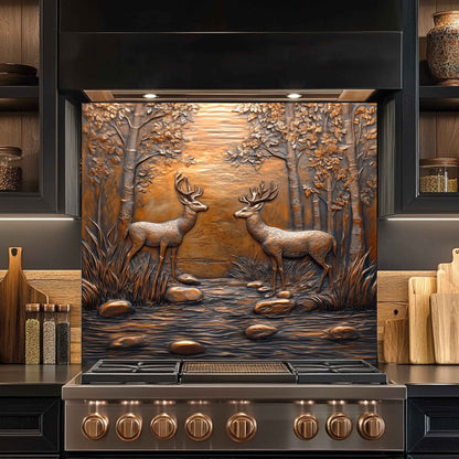 Stainless steel stove with decorative deer scene on the back splash in a kitchen setting.