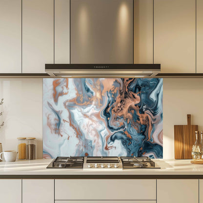 Kitchen with a decorative glass splashback featuring a marble pattern.