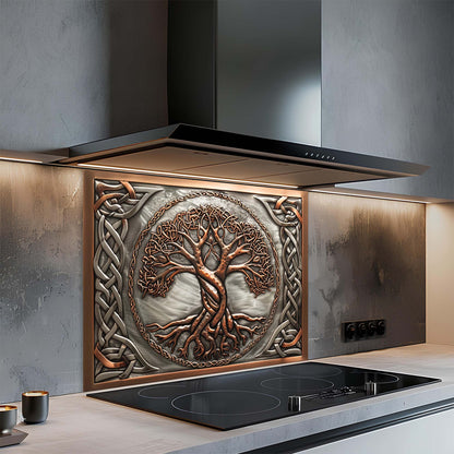 Decorative glass backsplash with tree design above a stove in a modern kitchen.
