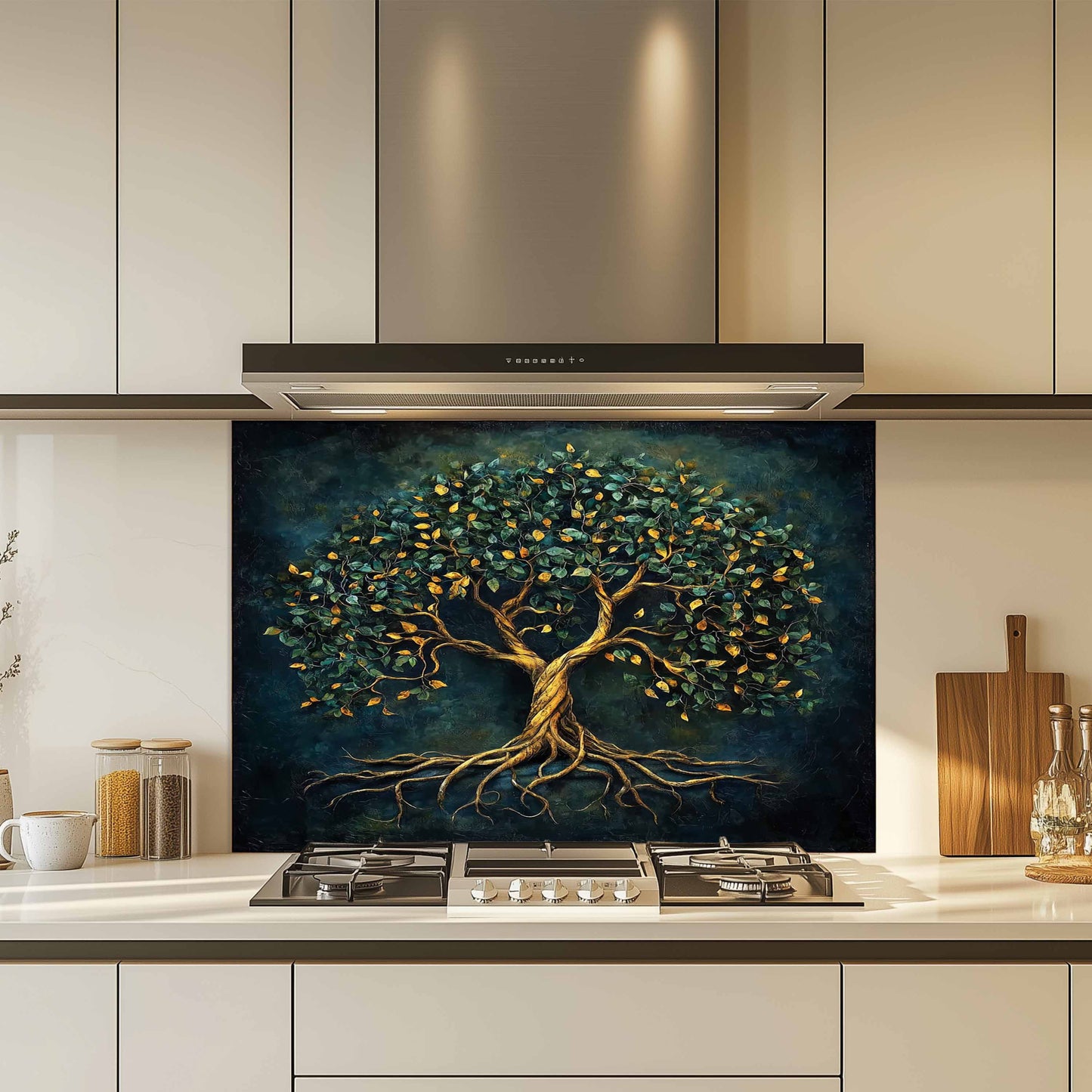 Decorative glass splashback with a tree design in a kitchen setting