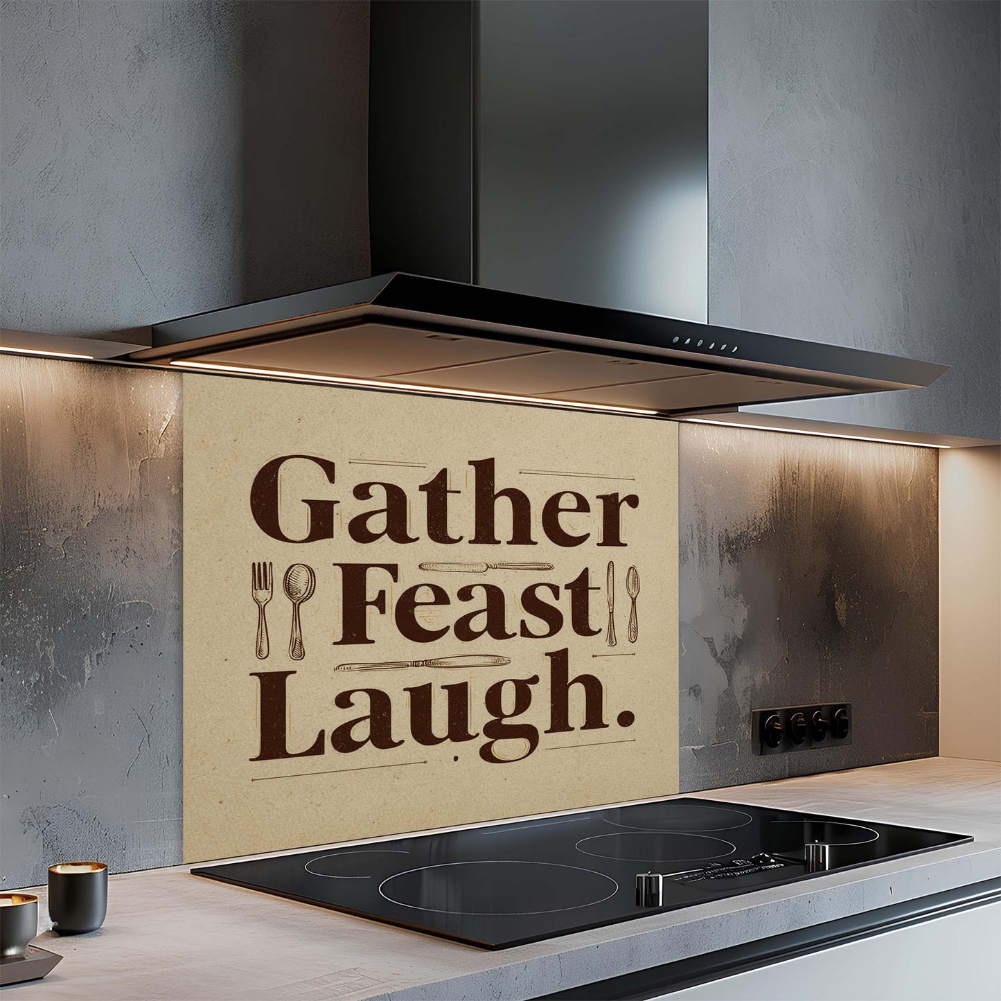 Kitchen with a decorative backsplash featuring the text 'Gather Feast Laugh' and utensils.