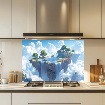 Kitchen with a decorative glass splashback featuring a floating island scene.