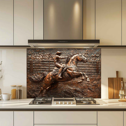 Bronze look backsplash of a cowboy on a horse in a modern kitchen.