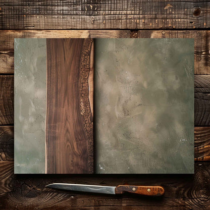Glass cutting board with a wooden knife on a rustic wooden surface