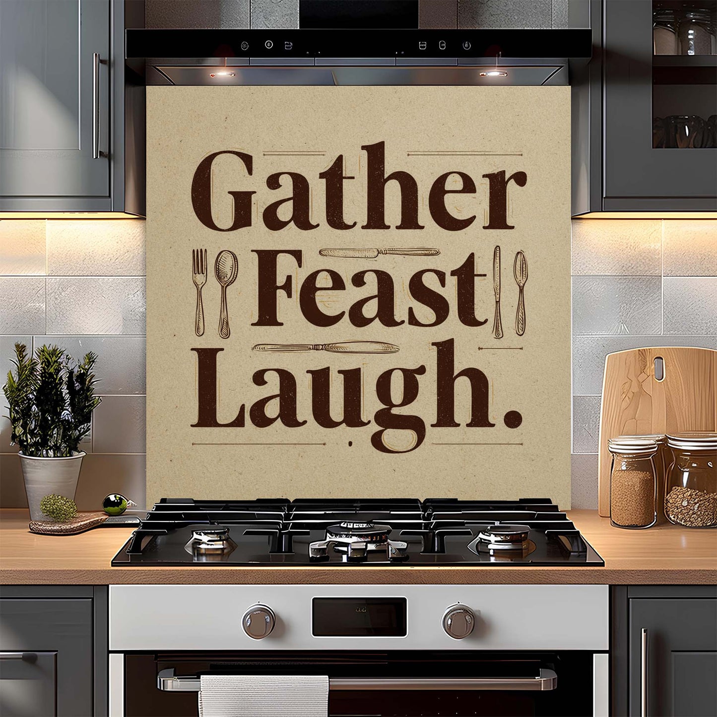 Kitchen stove with decorative glass backsplash featuring the text 'Gather Feast Laugh' and utensils.