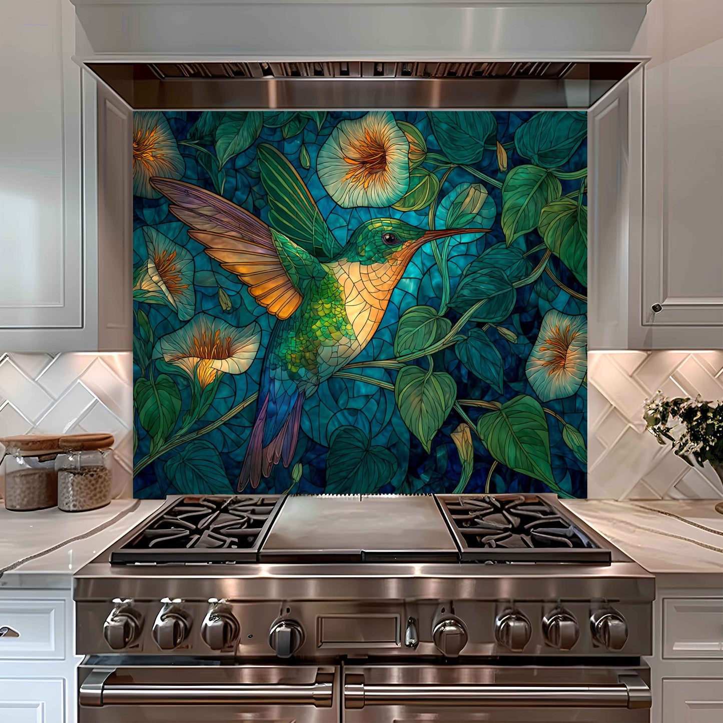 Stainless steel oven with a decorative backsplash featuring a hummingbird and floral design.