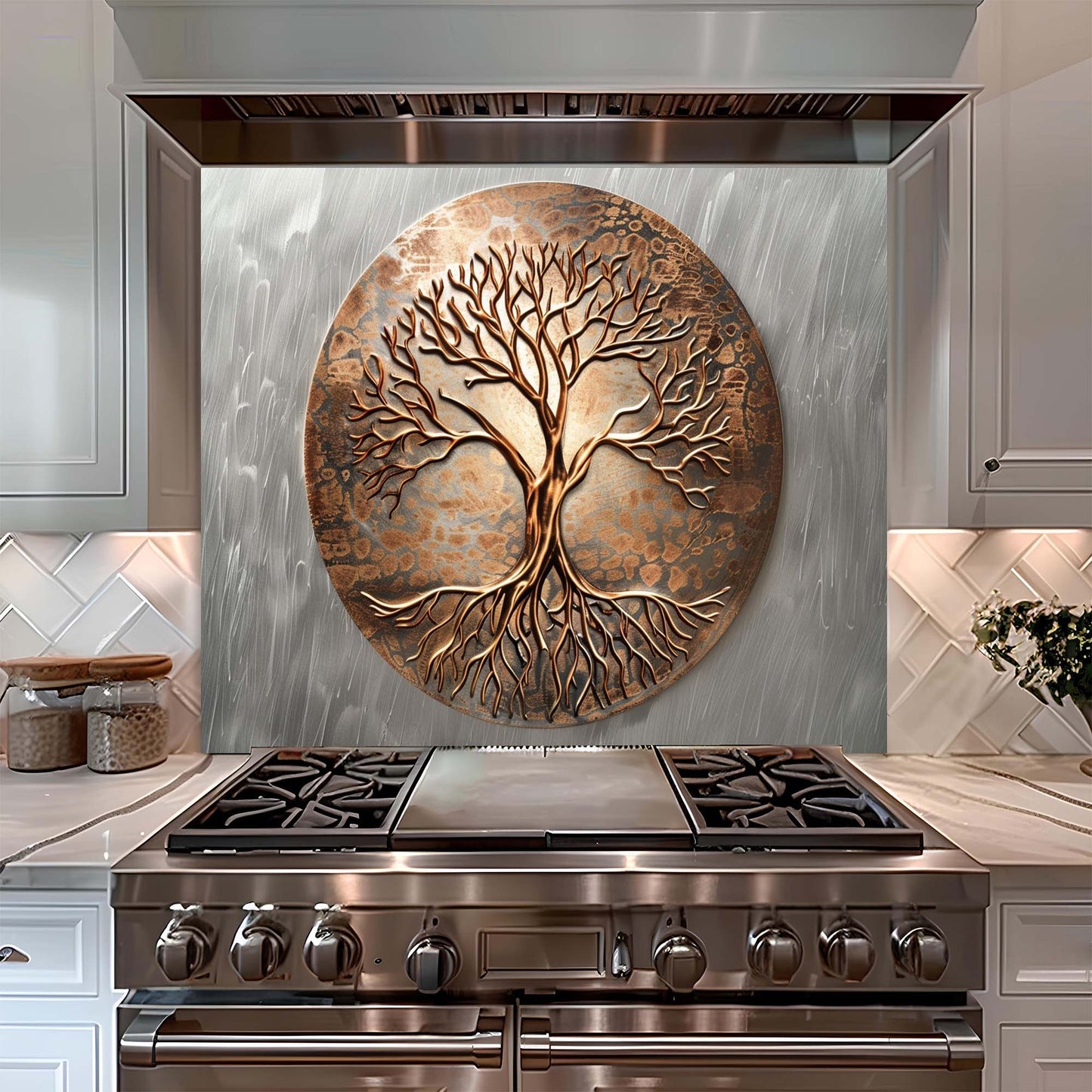 Stainless steel oven with decorative tree backsplash in a kitchen setting