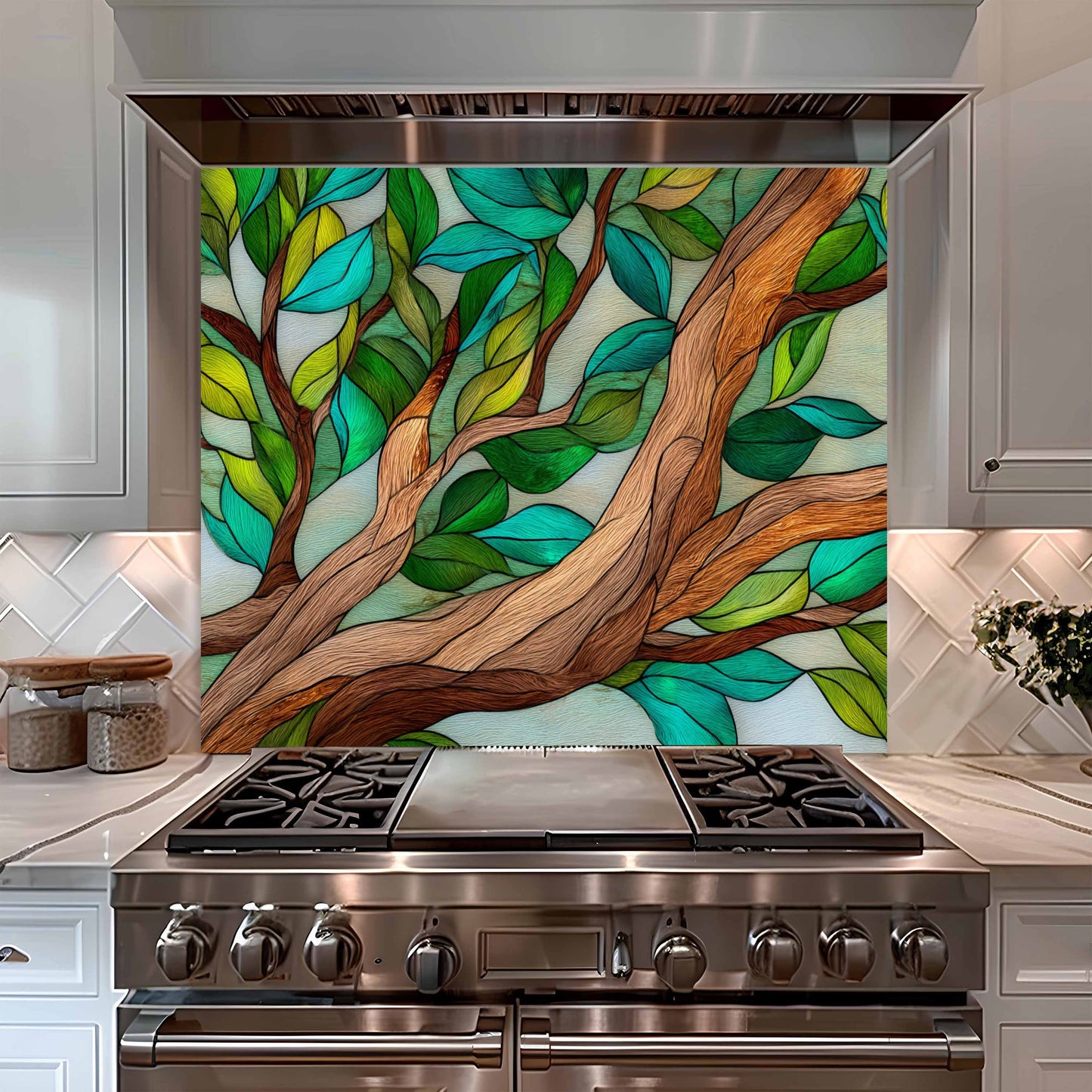 Stainless steel stove with decorative glass panel featuring tree design in a kitchen setting
