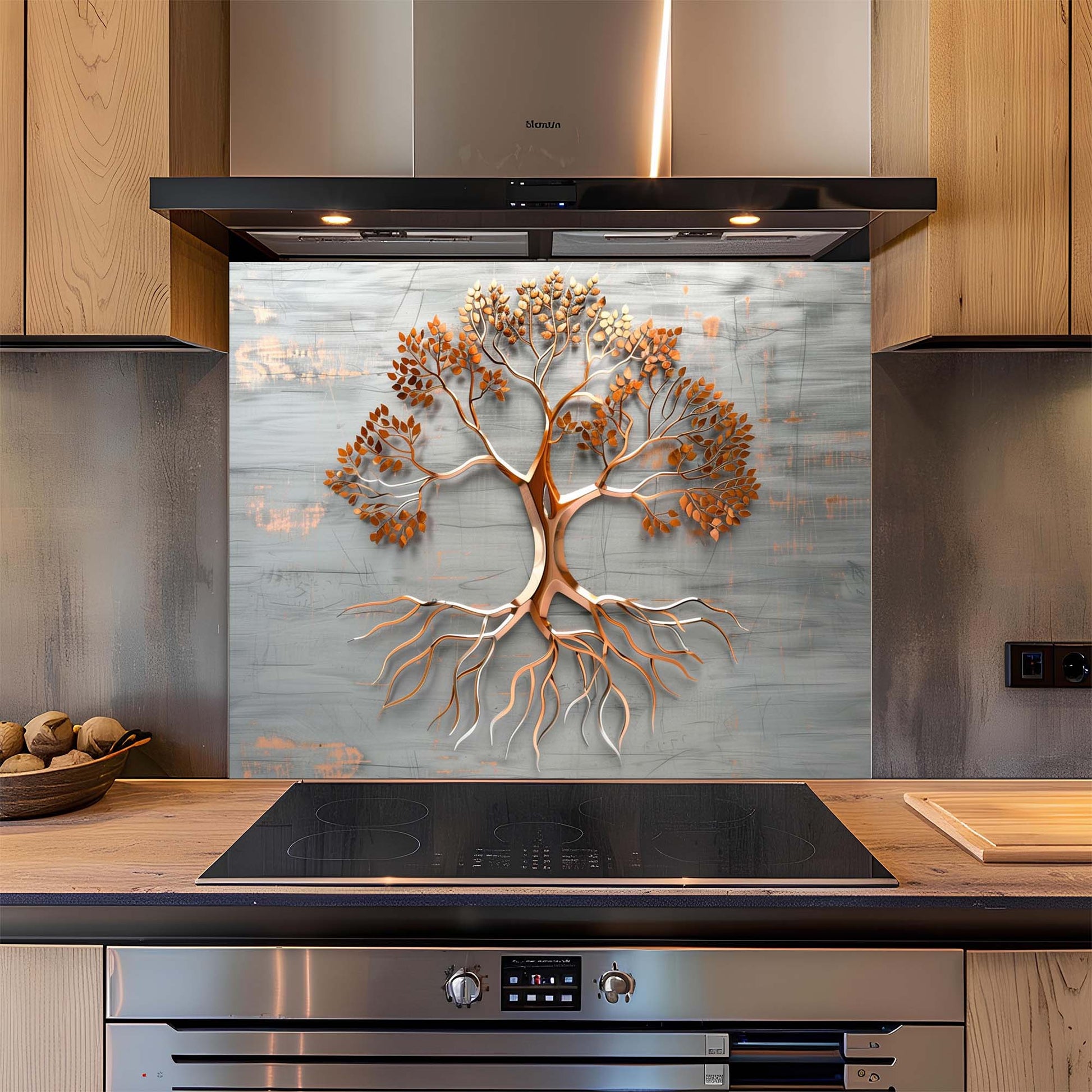 Kitchen with a decorative backsplash featuring a tree design.