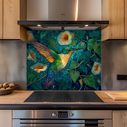 Kitchen with a decorative backsplash featuring a hummingbird and floral design.