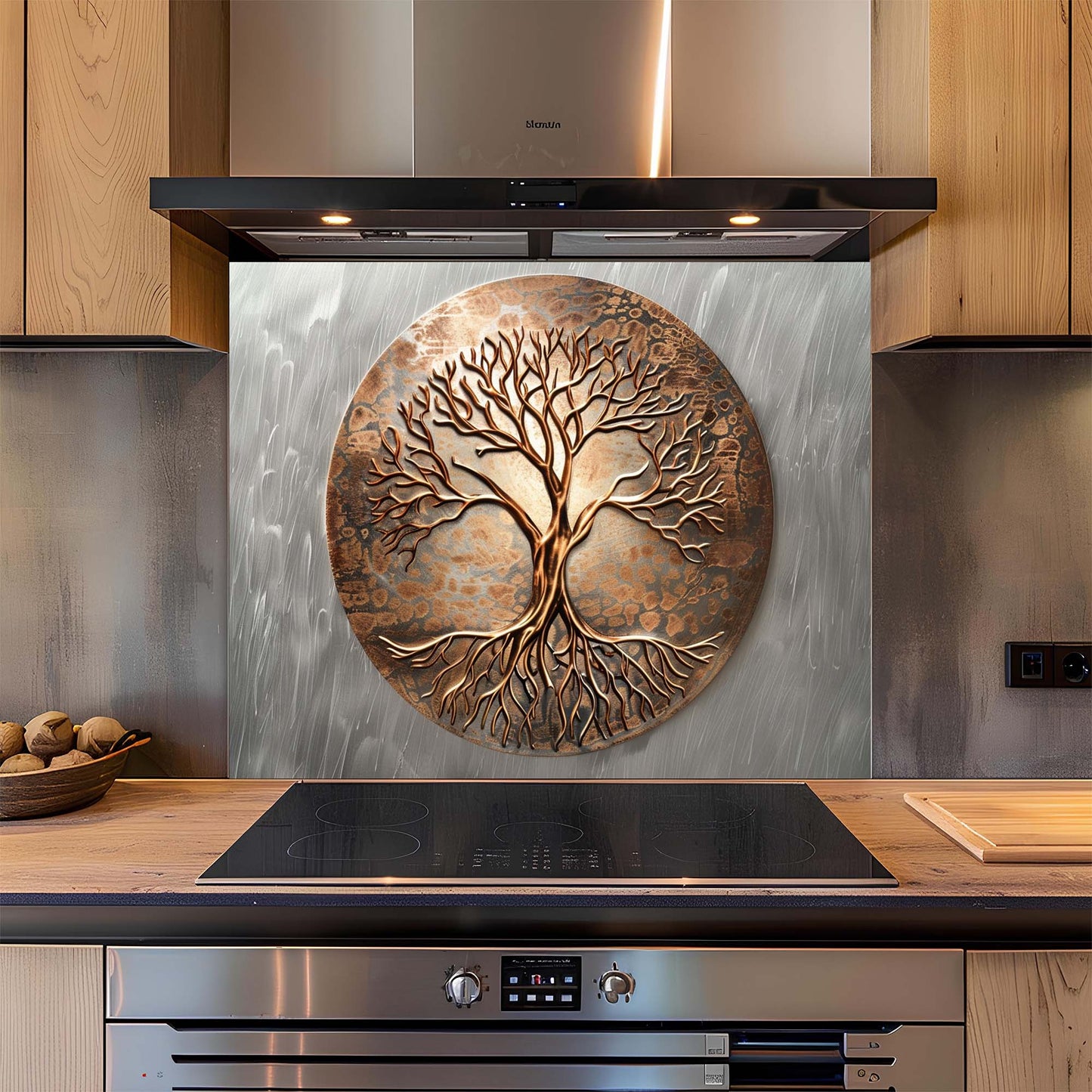 Decorative backsplash with tree design on a kitchen backsplash