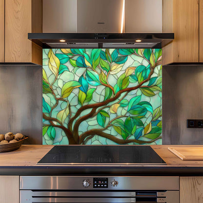 Kitchen with a decorative glass splashback featuring a tree design.