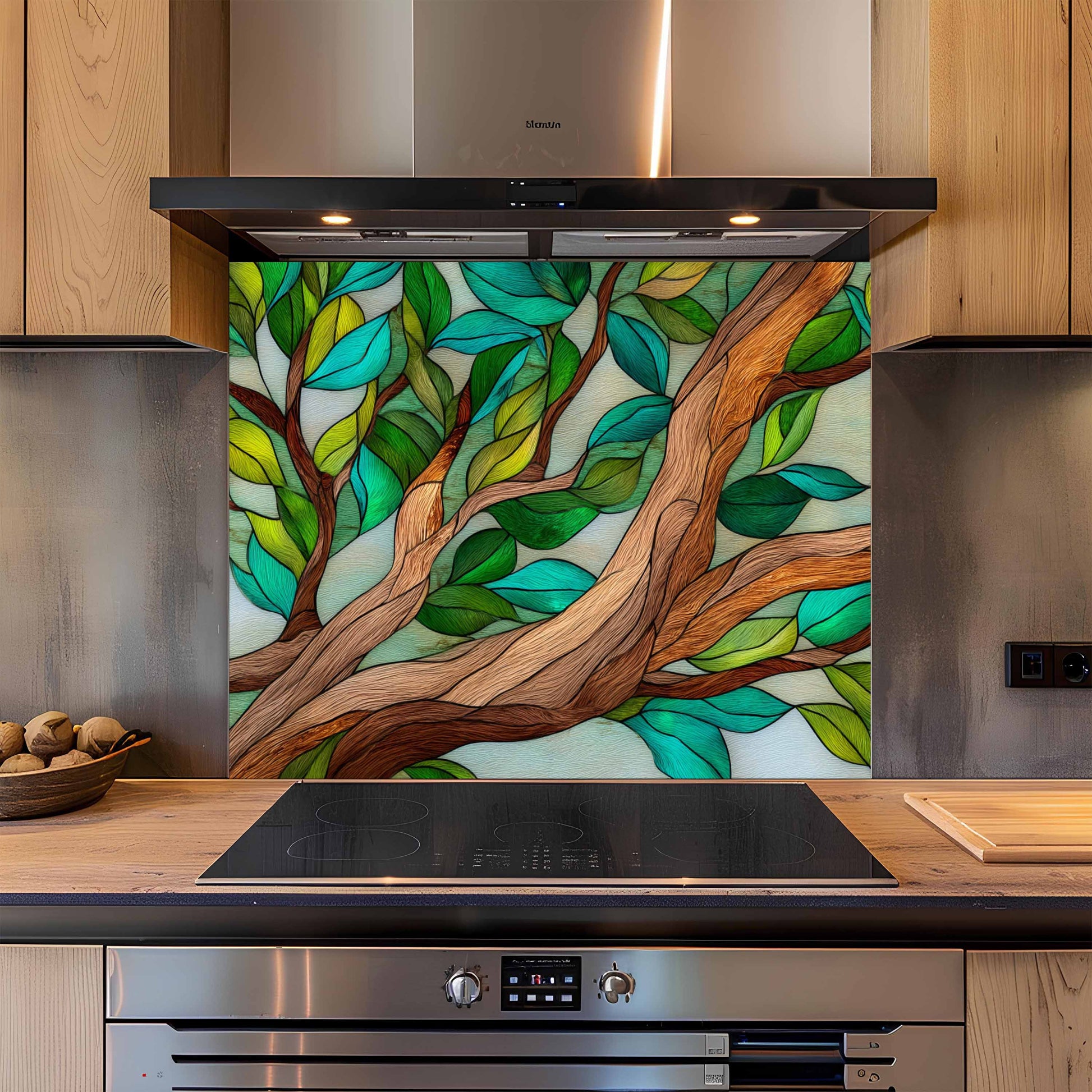 Kitchen with a decorative glass splashback featuring tree and leaf design.