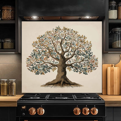 Glass backsplash of a tree on a kitchen wall with a black stove below.